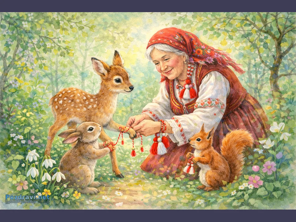 Баба марта връзва мартеници на сърничка