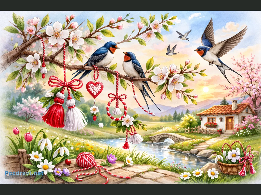 Лястовици и мартеници под цъфнало дърво